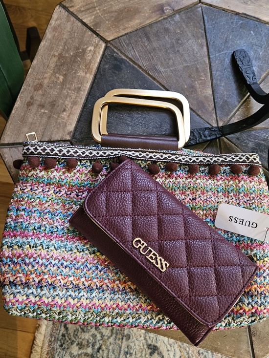 Handbags - GUESS Burgundy Quilted Wallet & Multicolor Woven Straw Pom Pom Clutch Bag Set